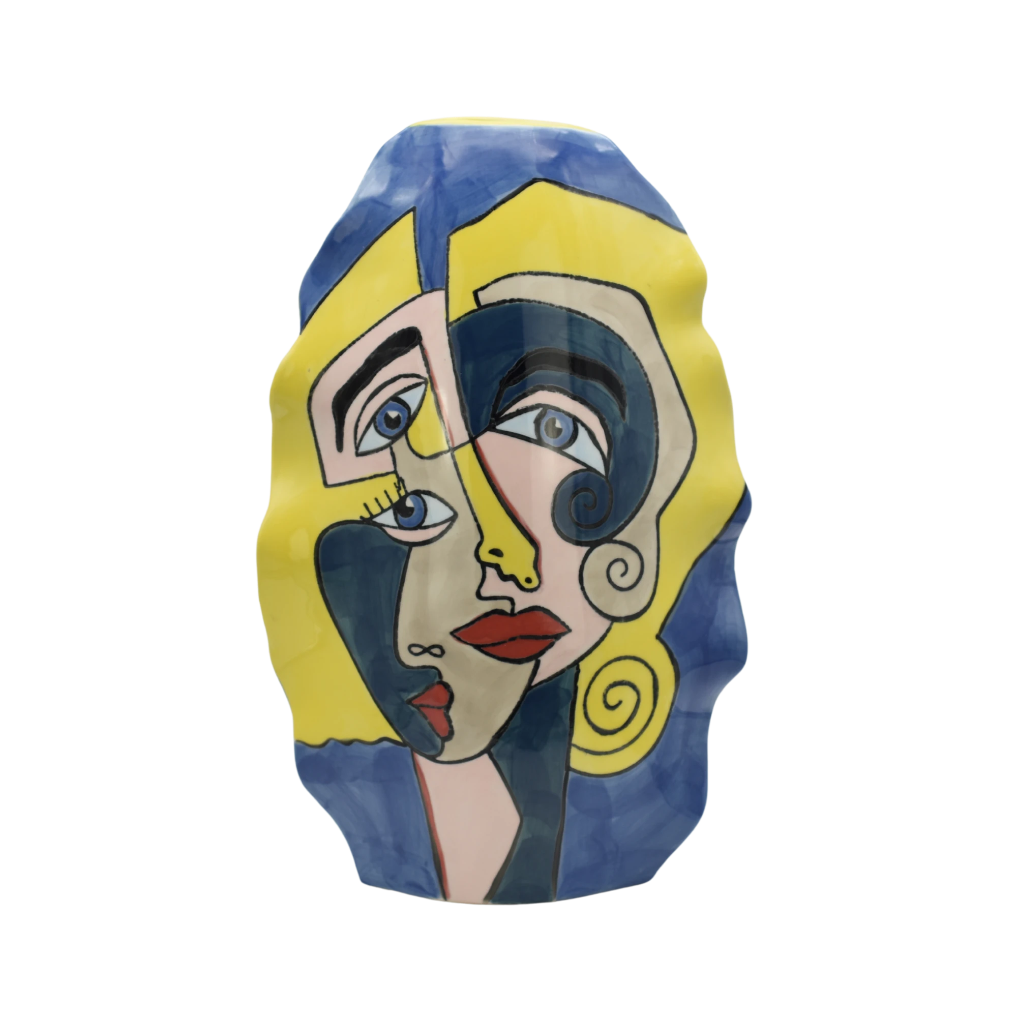 Handbemalte Porzellanvase mit Gesichtern, gewellt