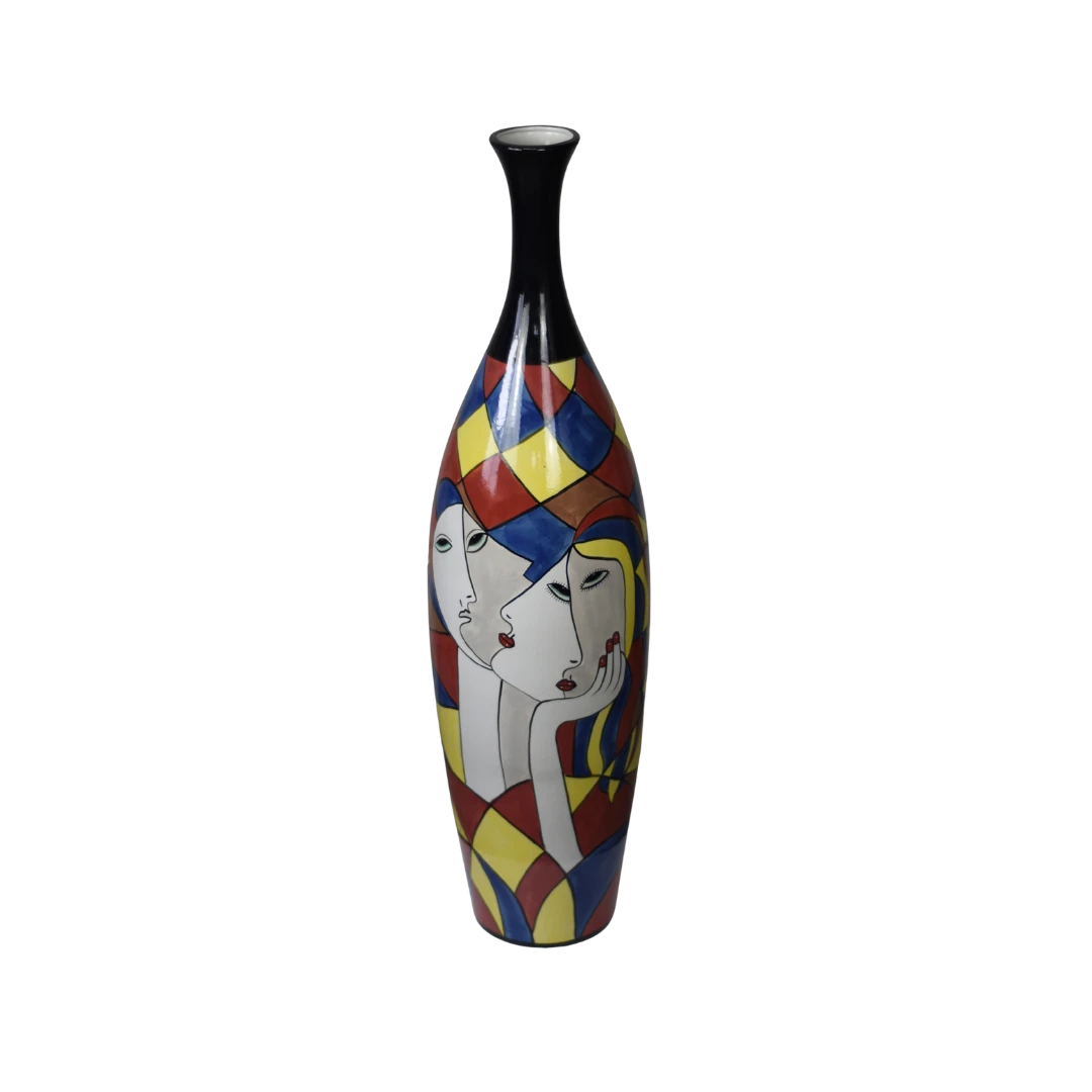 Handbemalte Porzellanvase mit Gesichtern, schmal und hoch