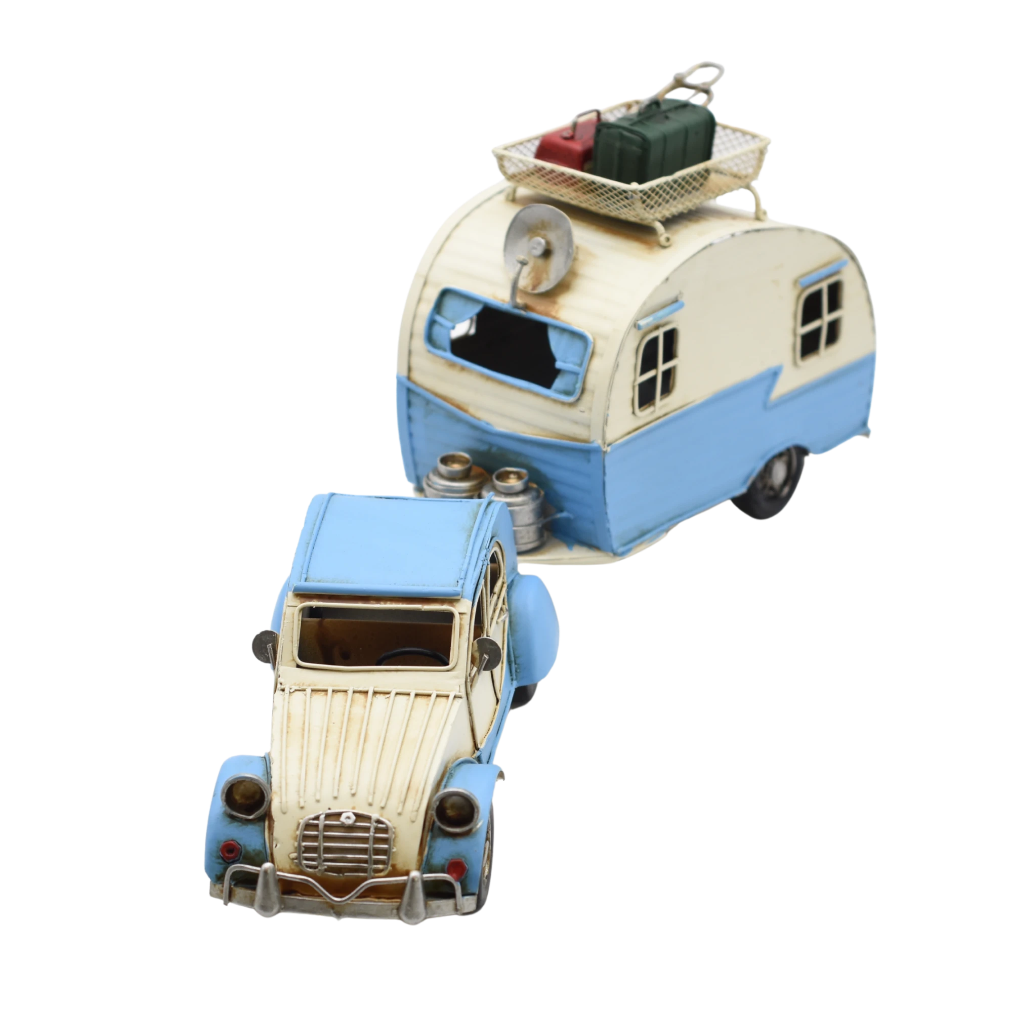 Miniaturmodel einer Ente von Citroën mit Wohnwagen in Hellblau