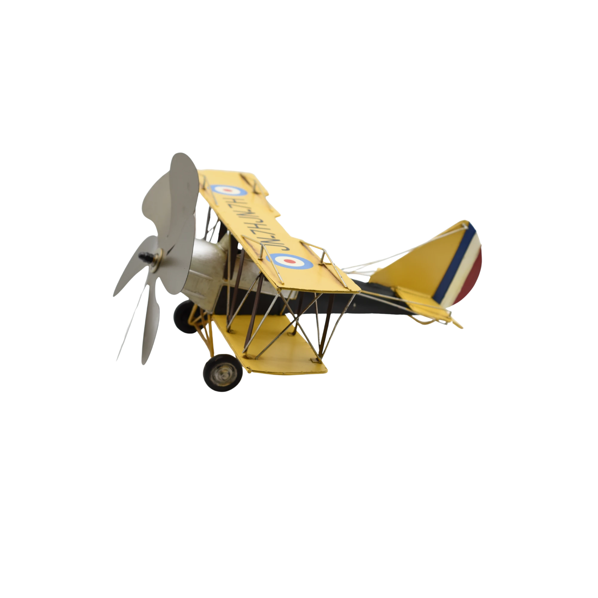 Doppeldecker aus Zinn als Windspiel in Senfgelb