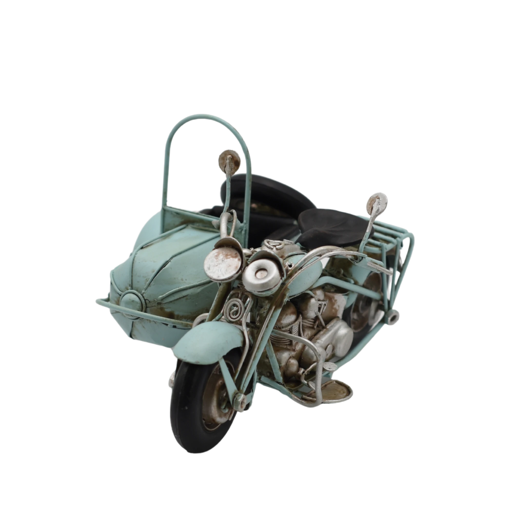 Miniaturmodel eines Motorrads mit Beiwagen aus den 1960er Jahren aus Zinn in Türkis