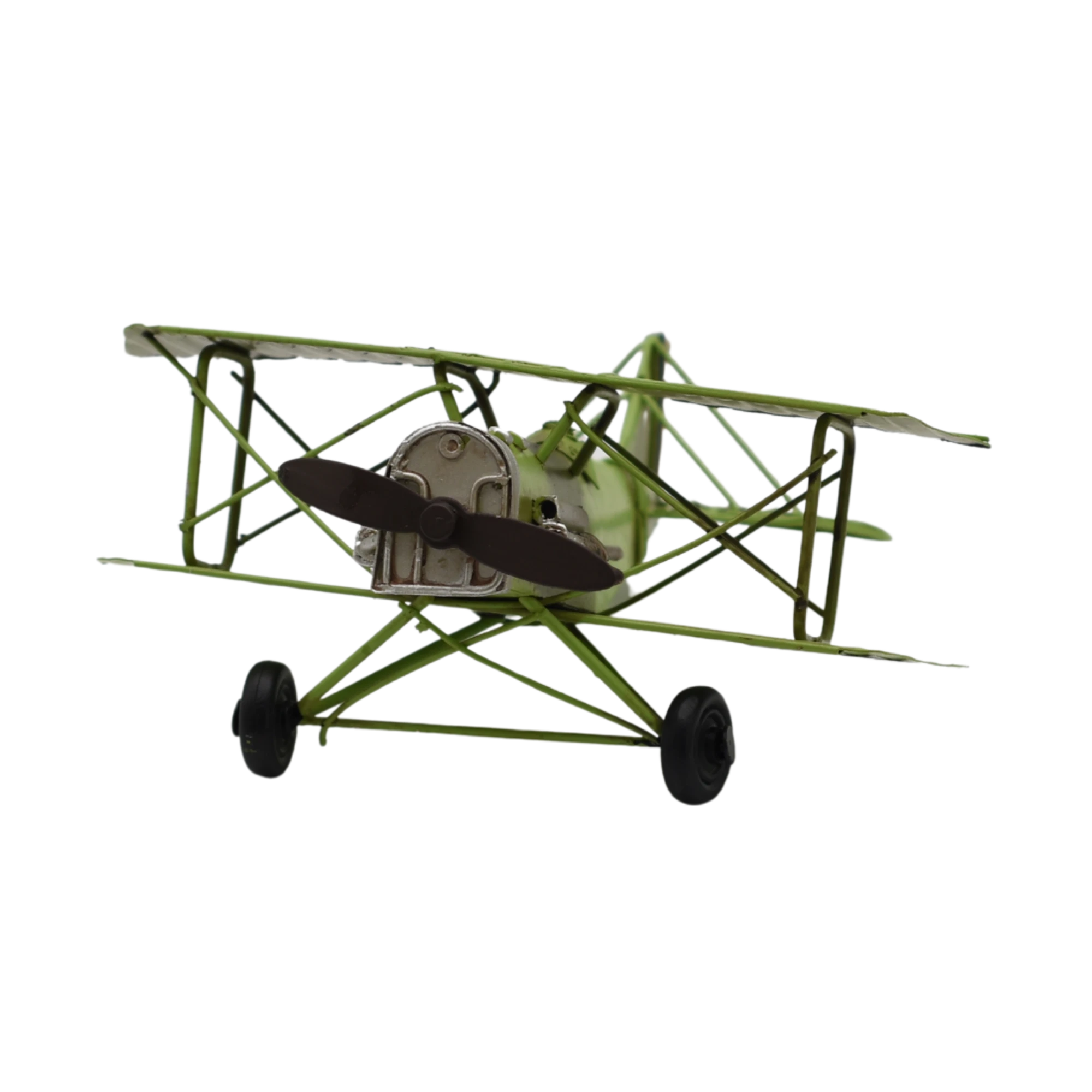 Miniaturmodel eines Doppeldeckerflugzeugs aus Zinn in Hellgrün