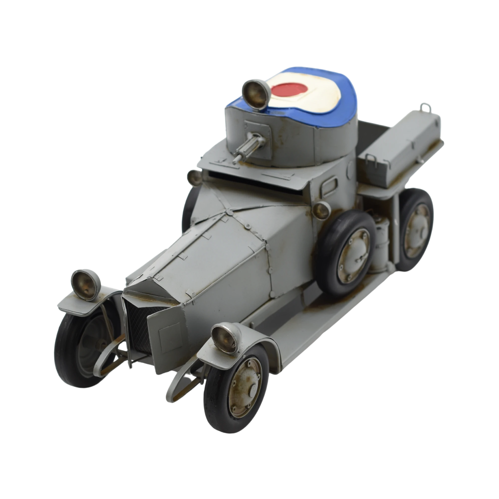 Miniaturmodel eines Panzerwagens aus dem 1. Weltkrieg aus Zinn in Grau