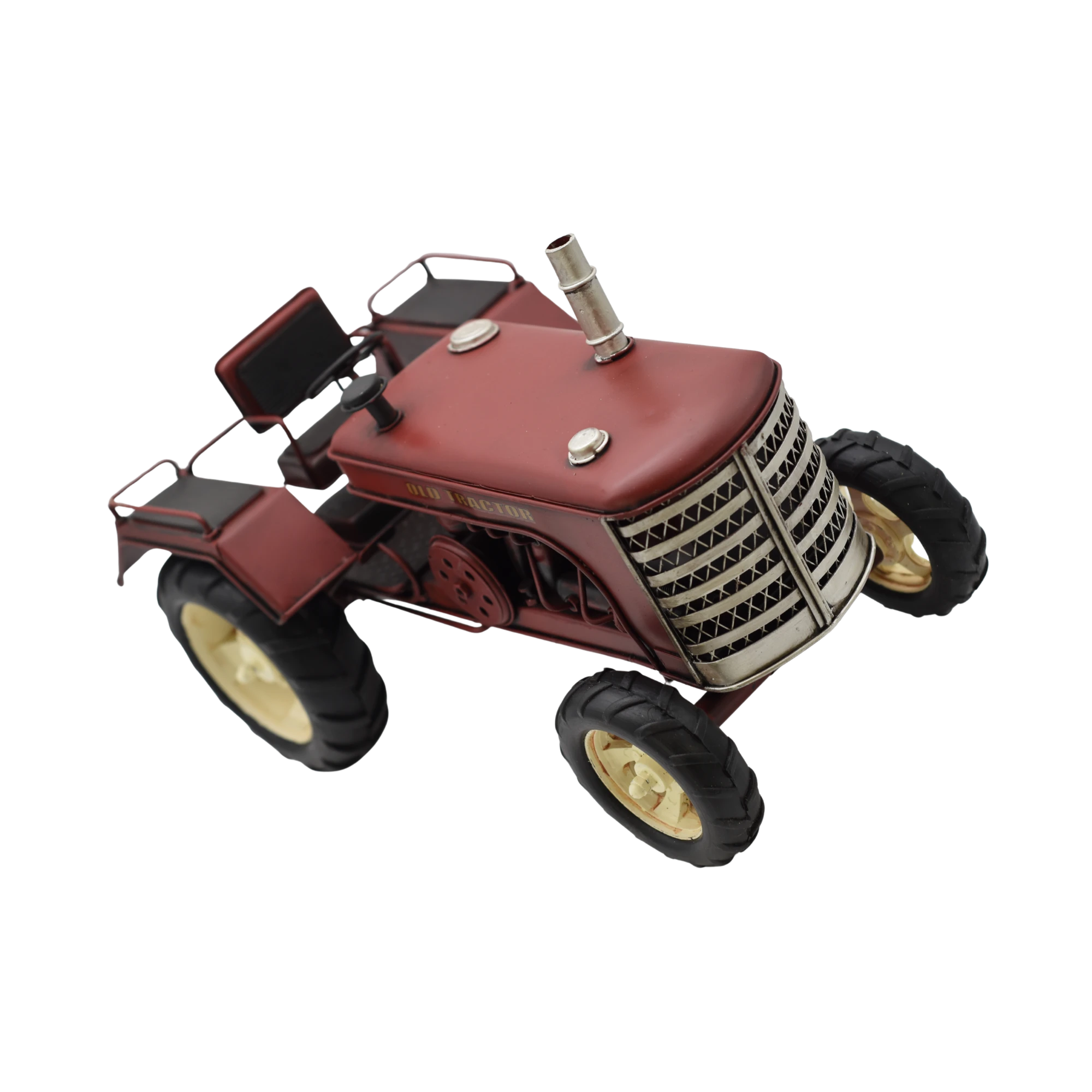 Miniaturmodel eines alten Treckers aus Zinn in Weinrot