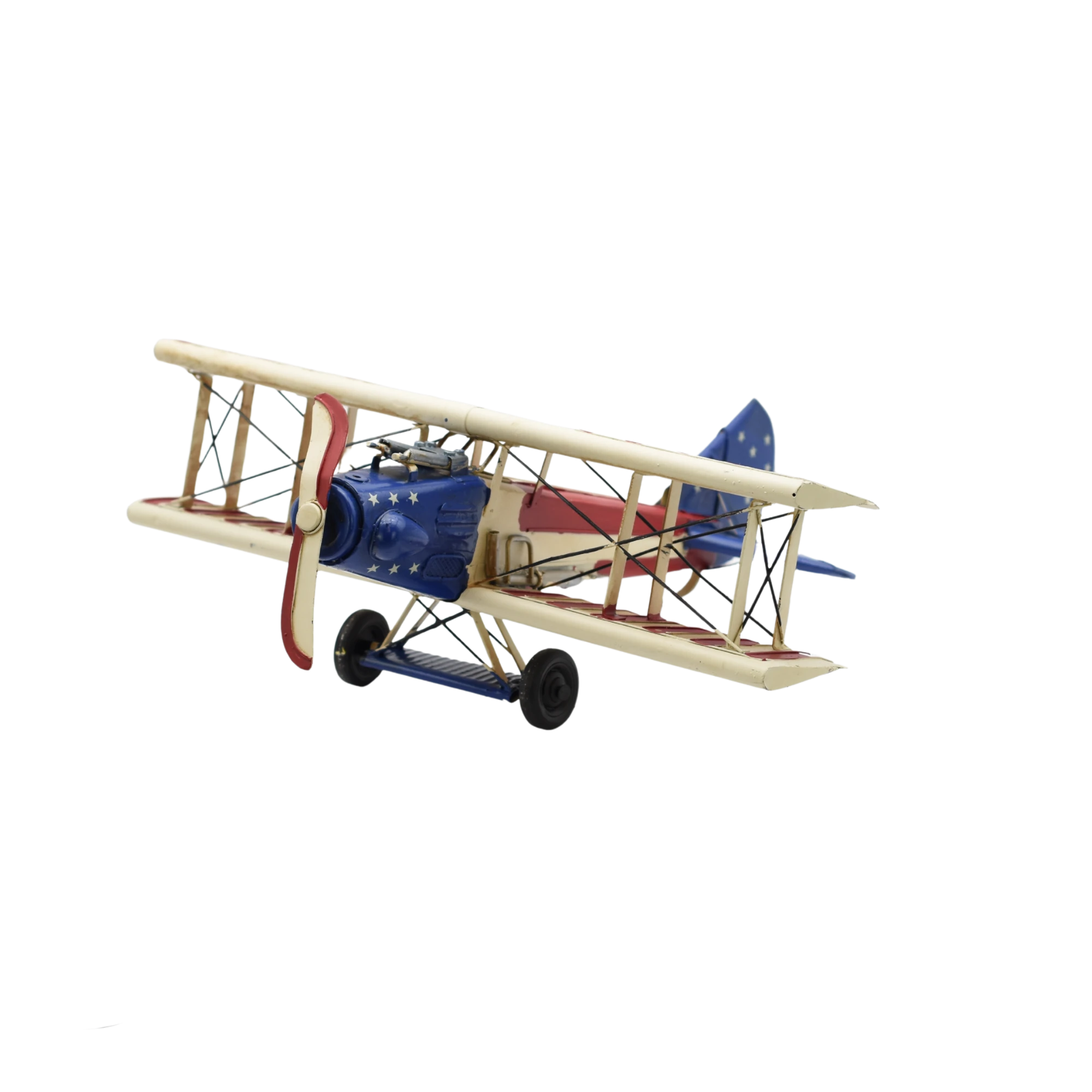 Miniaturmodel eines bewaffneten Doppeldeckerflugzeugs aus Zinn mit US-Flagge