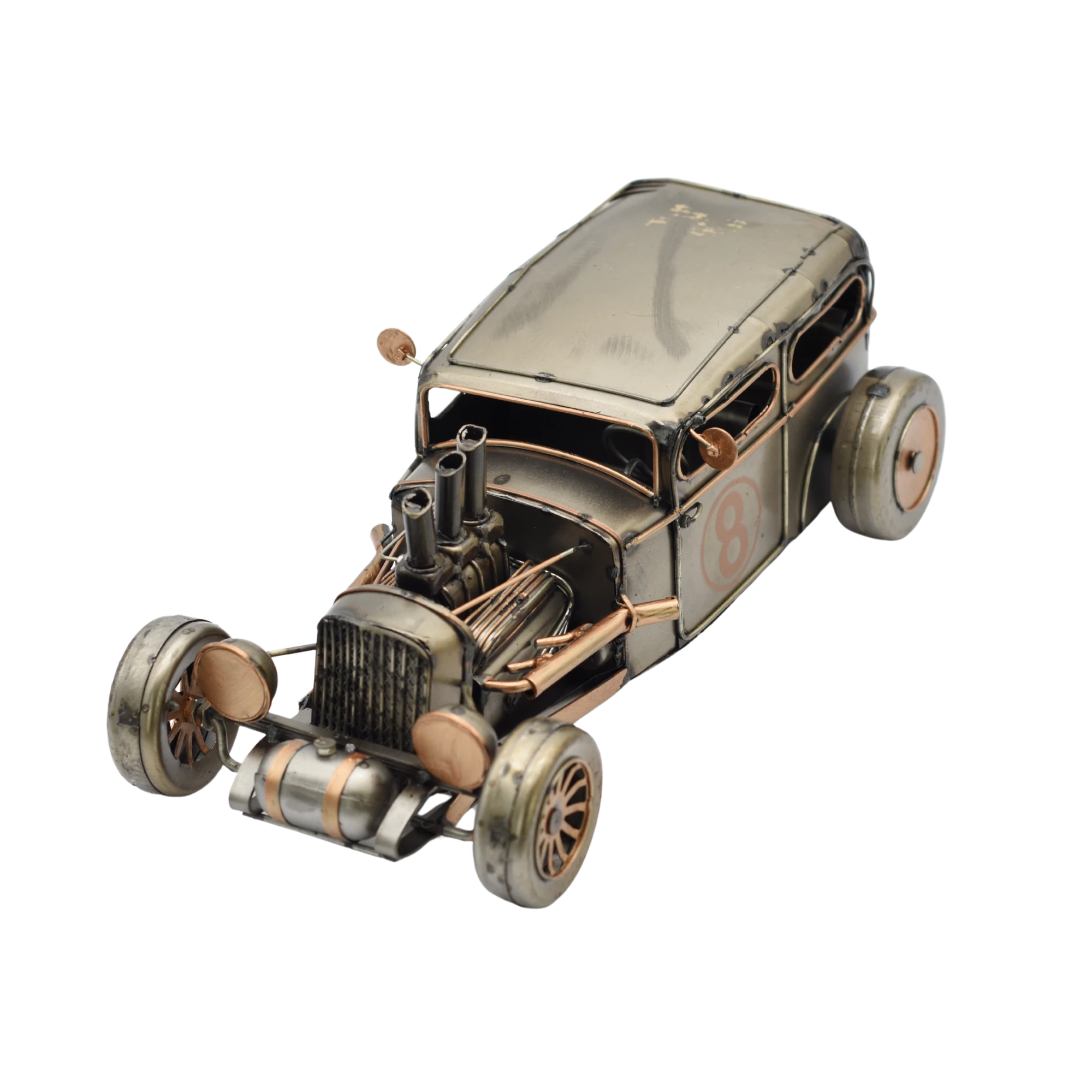 Miniaturmodel eines Hot-Rods aus Zinn in Silber- und Bronzefarben