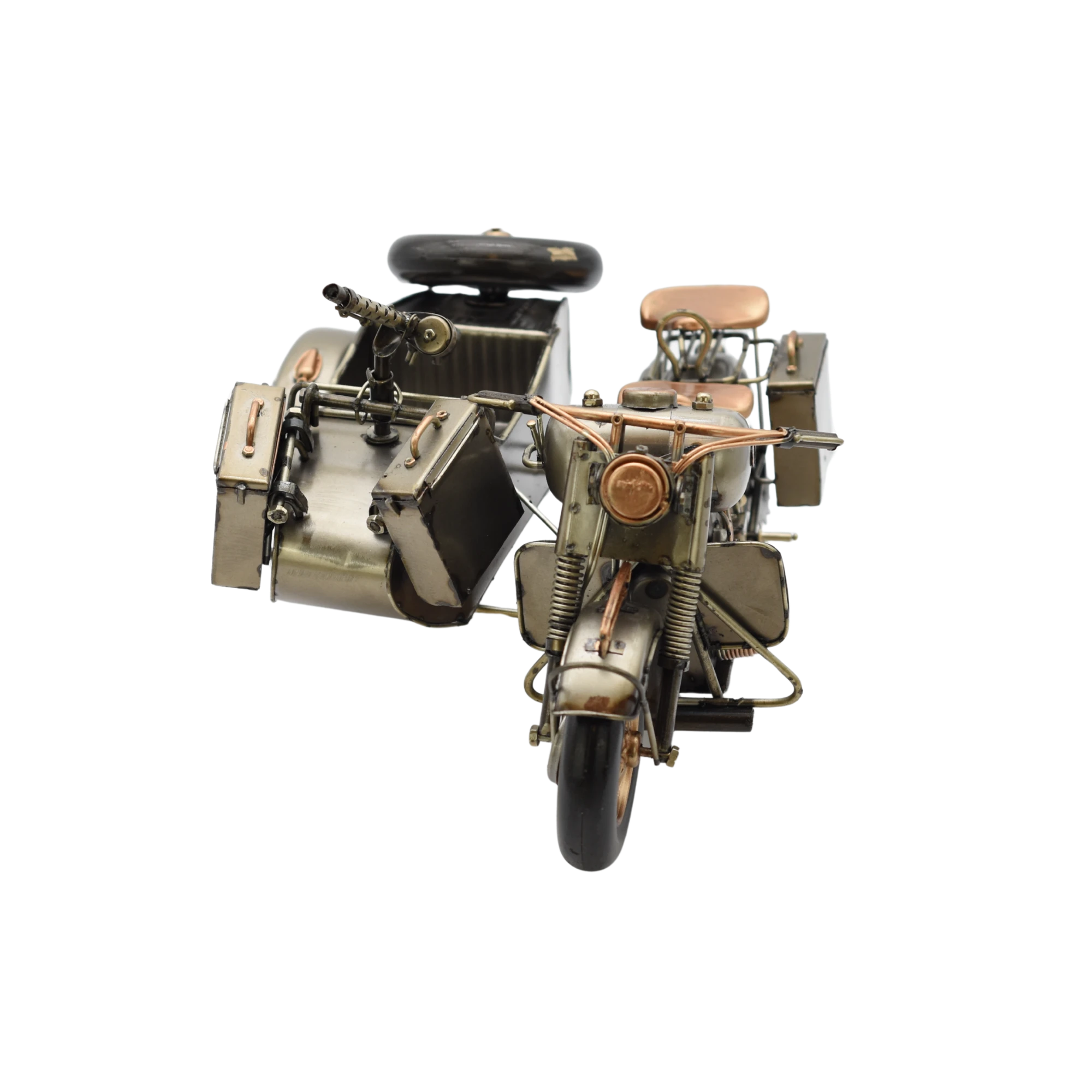 Bewaffnetes Miniaturmotorrad mit Beiwagen aus Zinn in Gold- und Bronzefarben