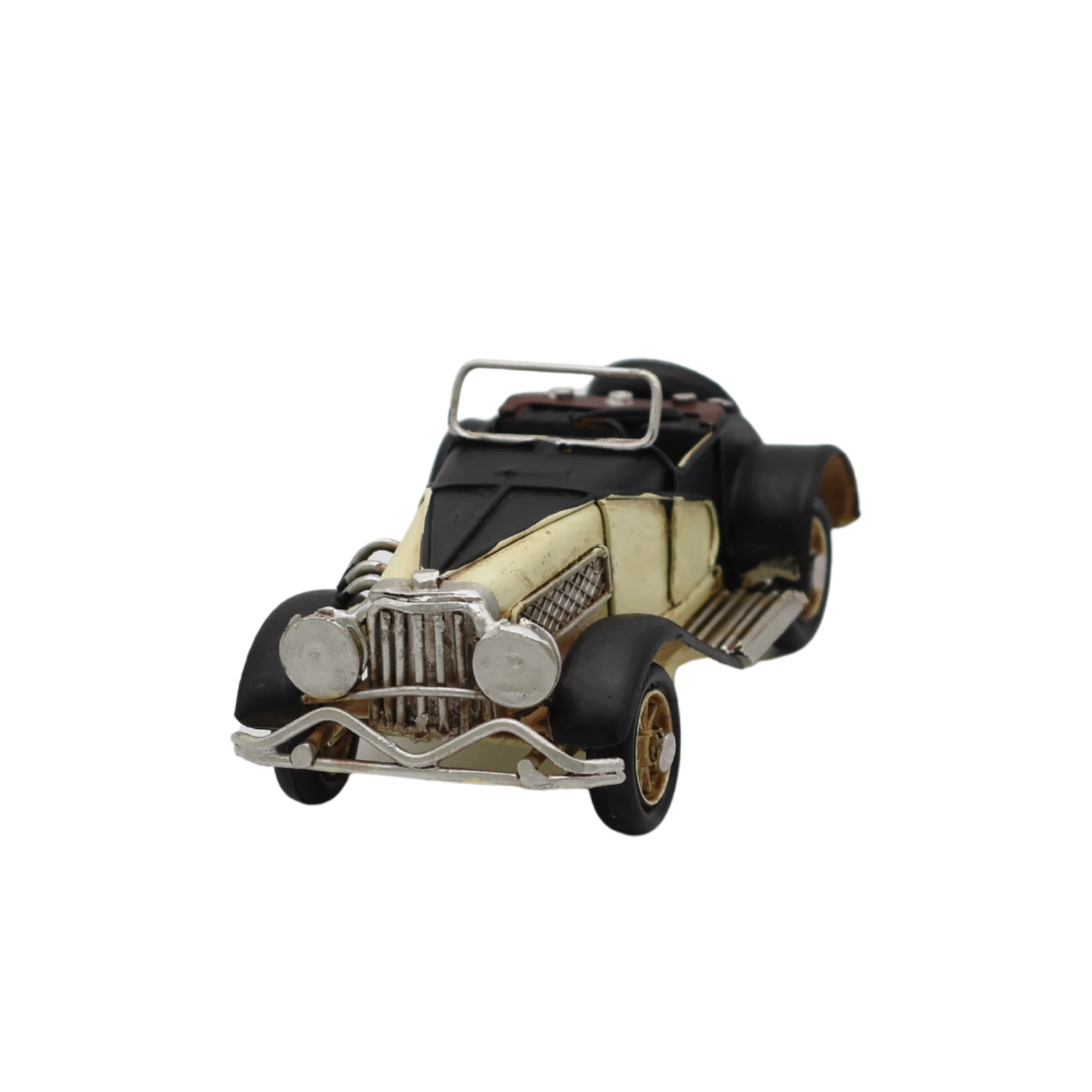 Miniaturmodel eines Oldtimers aus Zinn aus den 1920er Jahren in Schwarz-Weiß