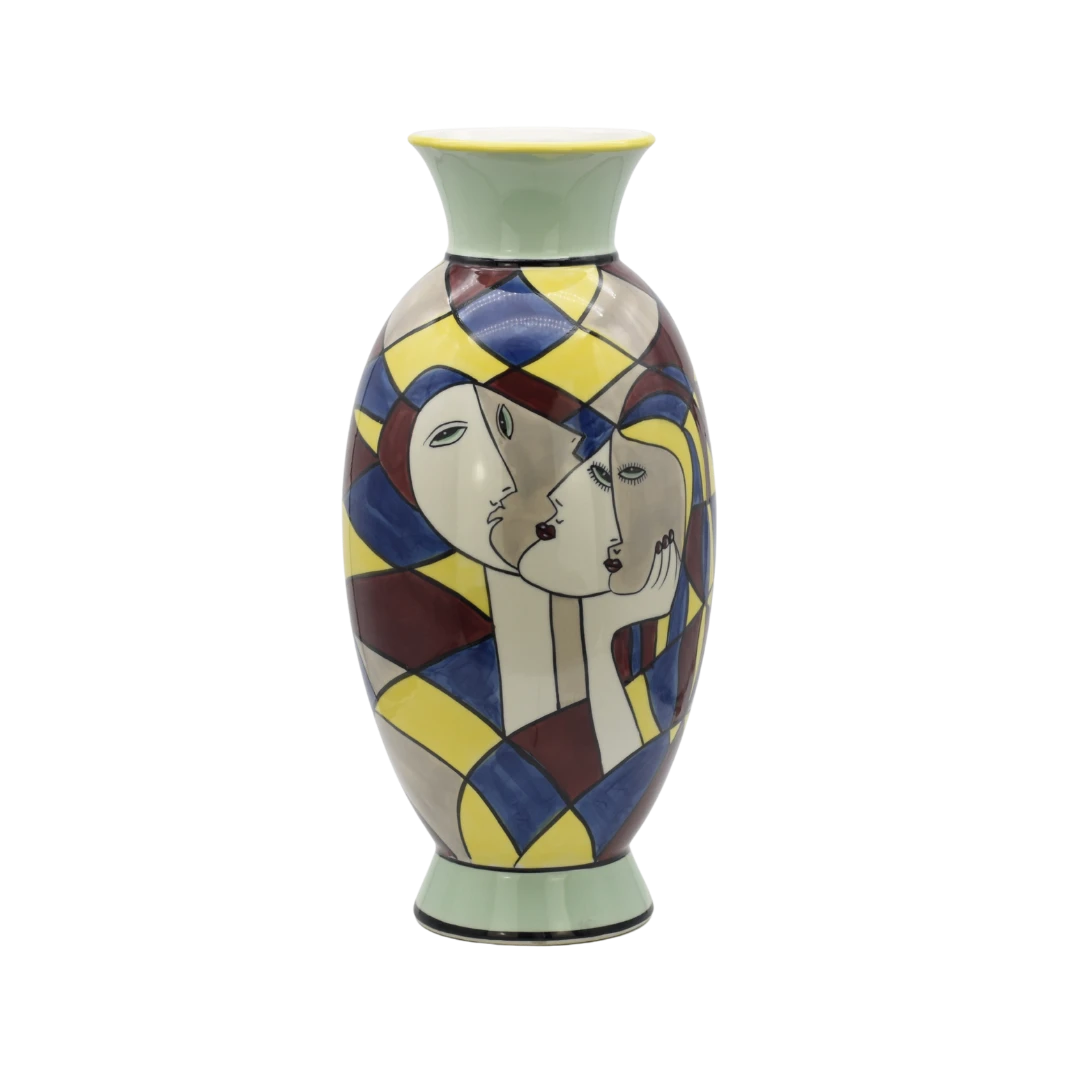 Handbemalte Porzellanvase mit Gesichtern, groß