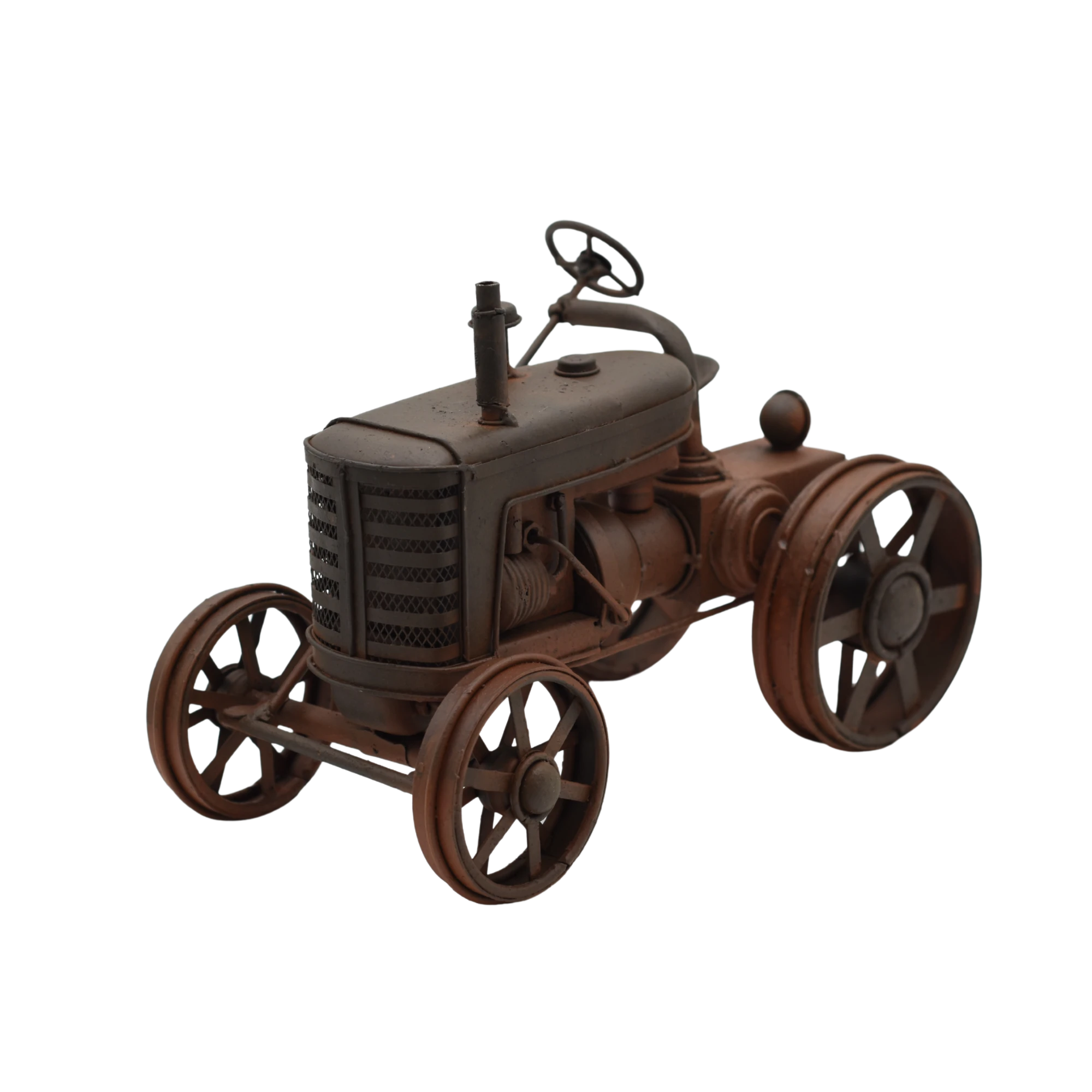 Miniaturmodel eines alten Treckers aus Zinn in Rostfarben