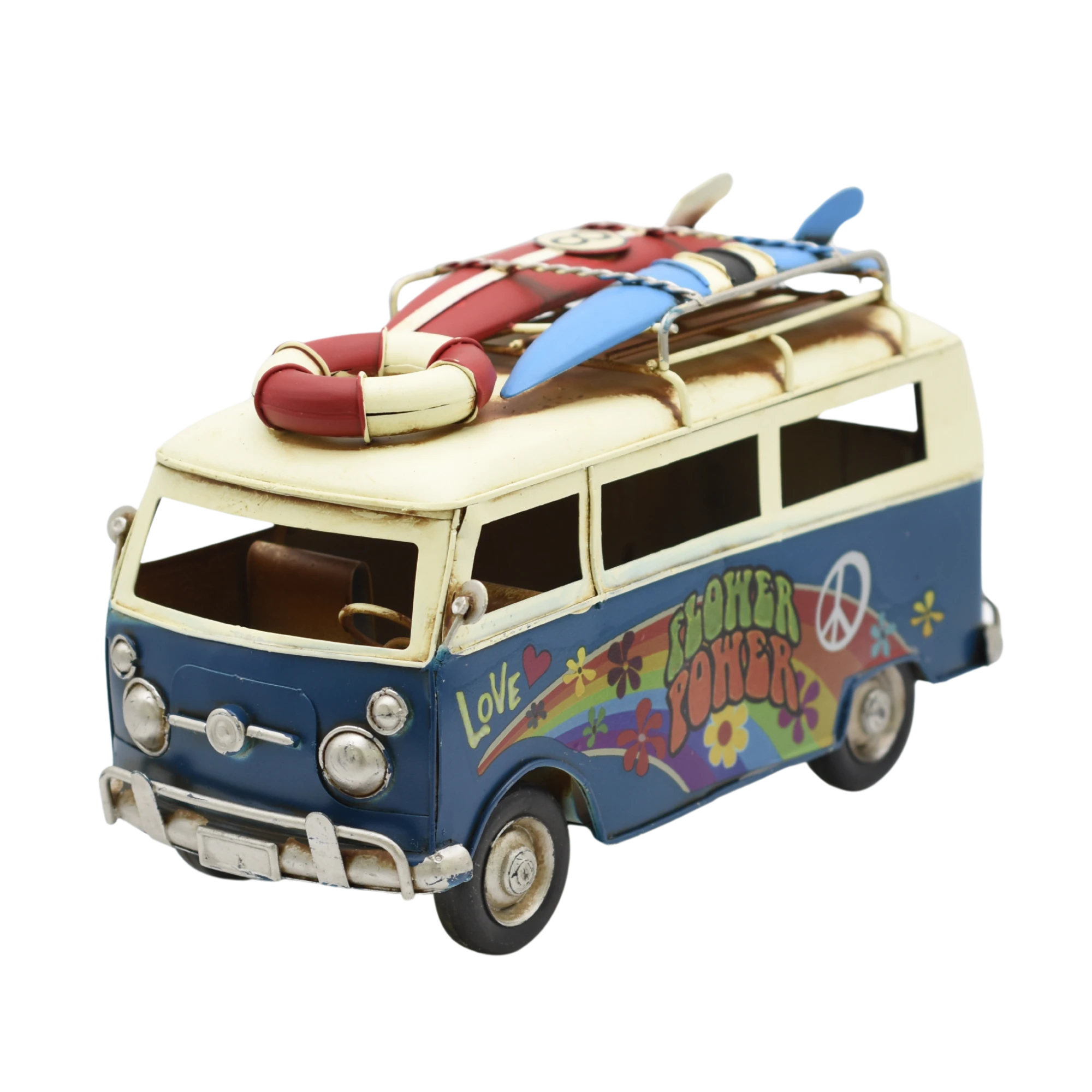 Miniaturmodel eines VW-Busses aus Zinn in Meerblau und Regenbogen