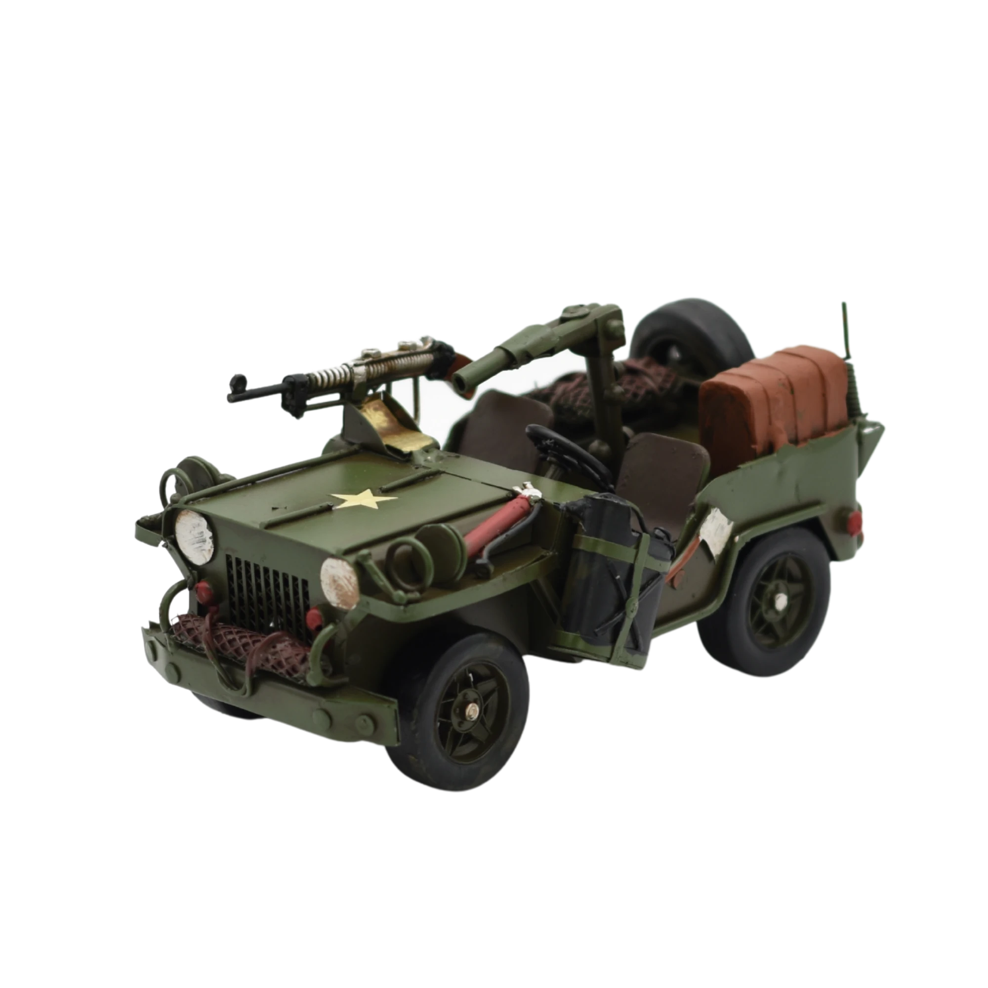 Offener Miniaturmilitärjeep aus Zinn mit Maschinengewehr