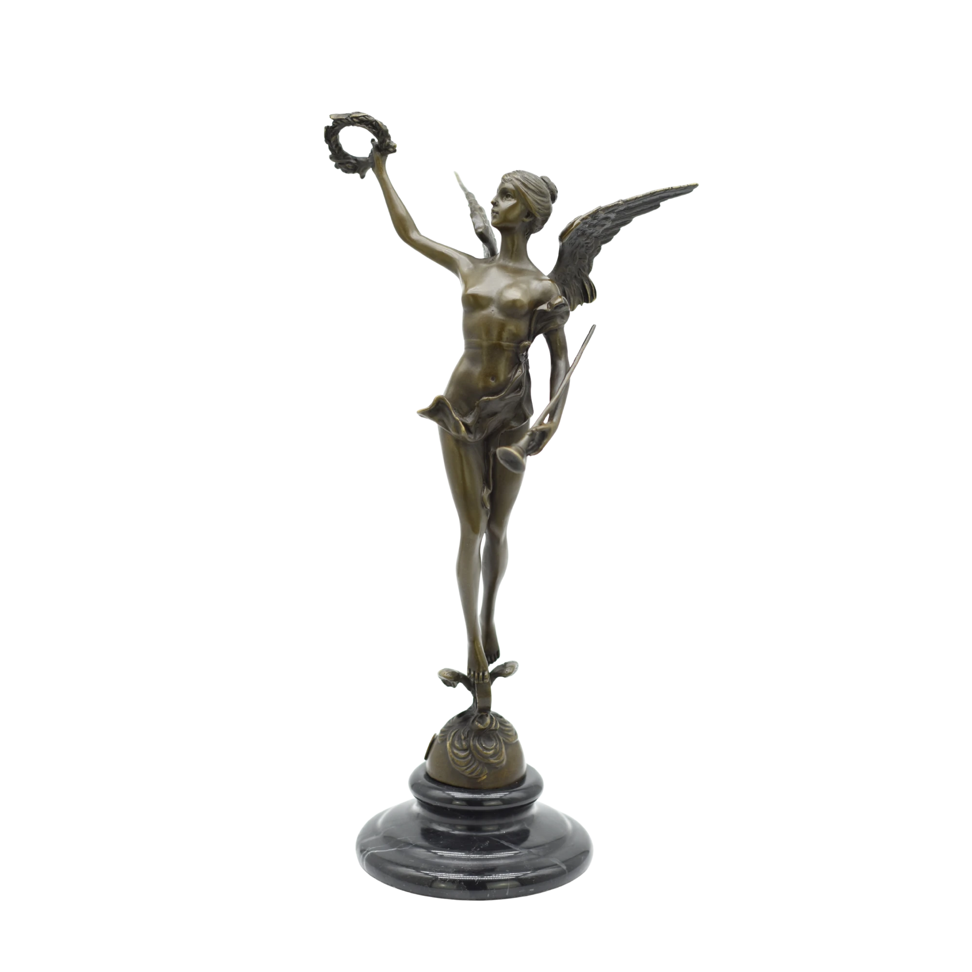 Bronzestatue eines weiblichen Engels mit Lorbeerkranz und Trompete