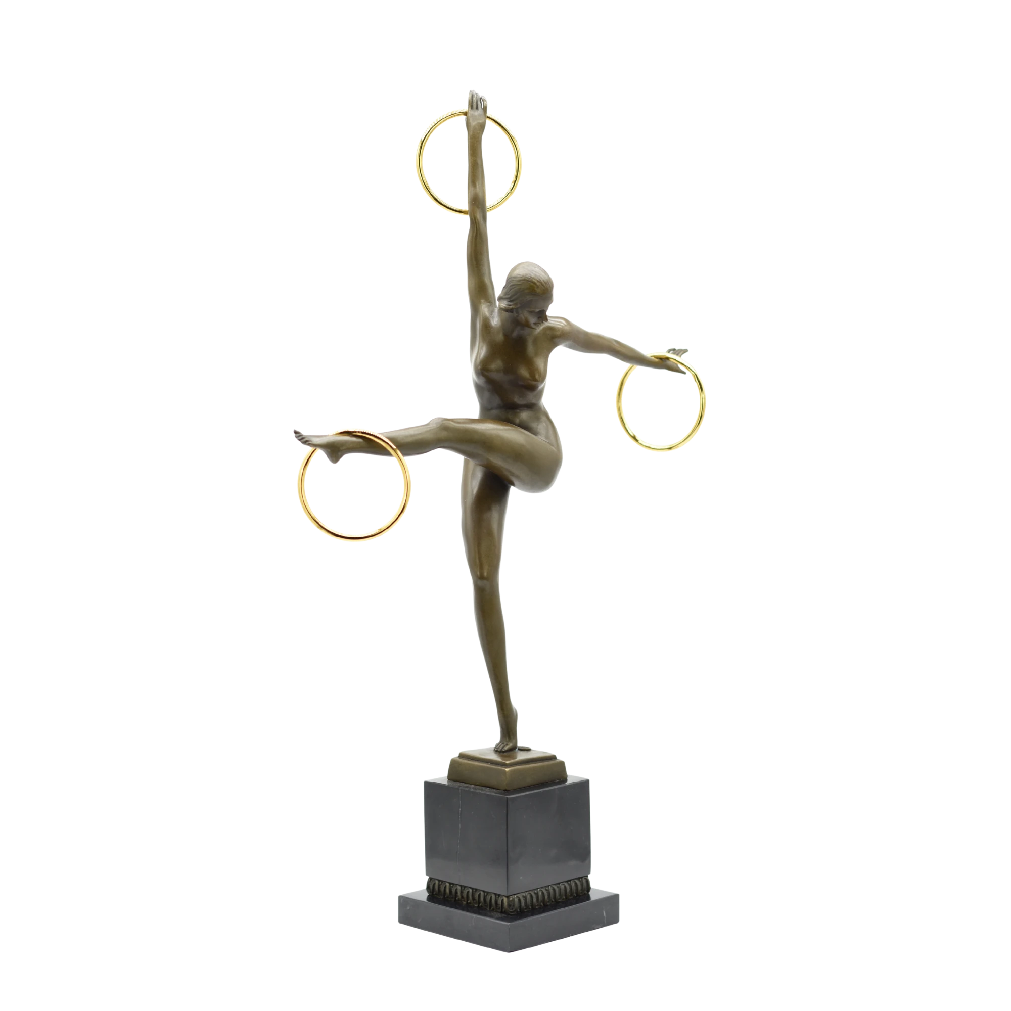 Bronzestatue einer nackten Tänzerin mit Ringen