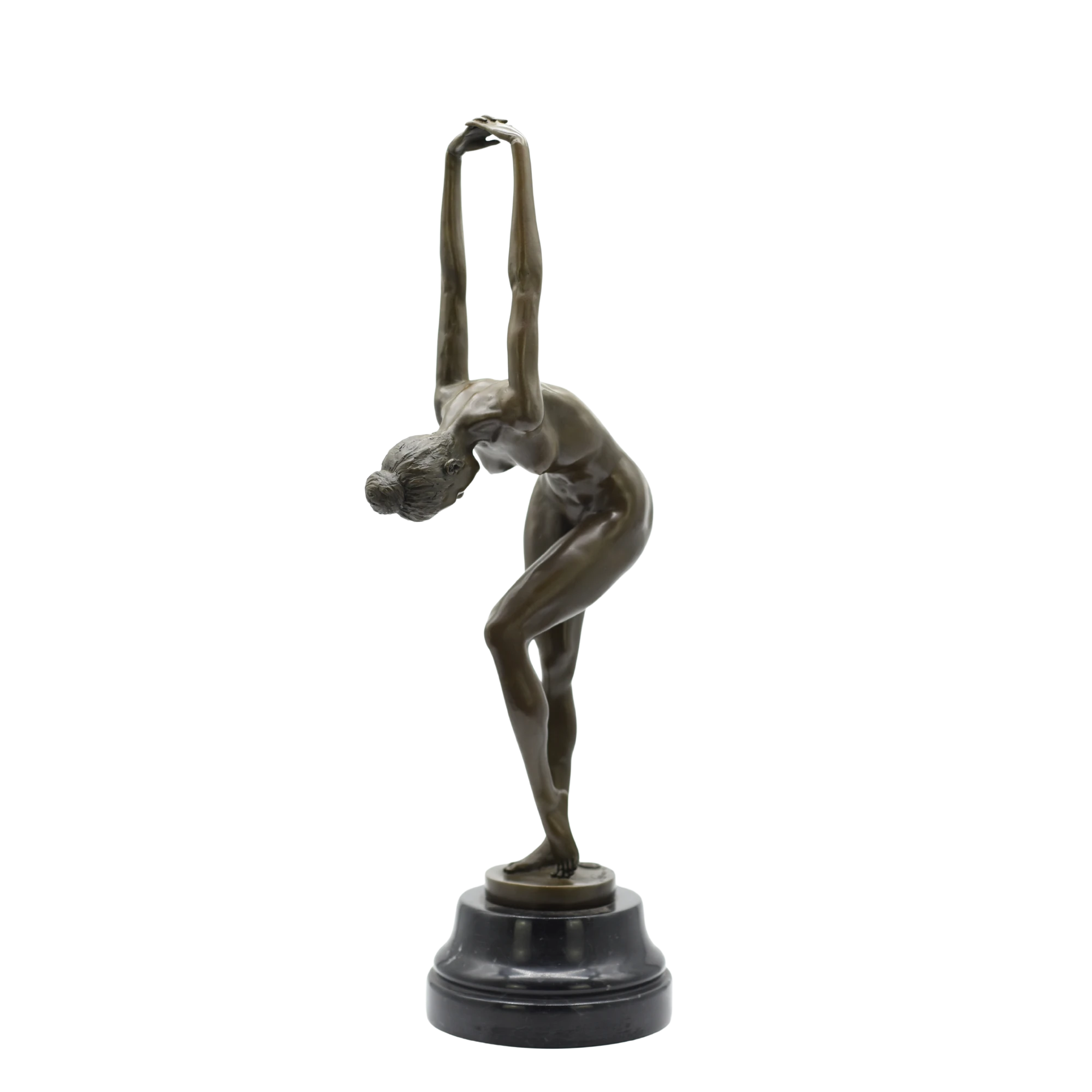 Bronzestatue einer nackten Frau, die sich dehnt